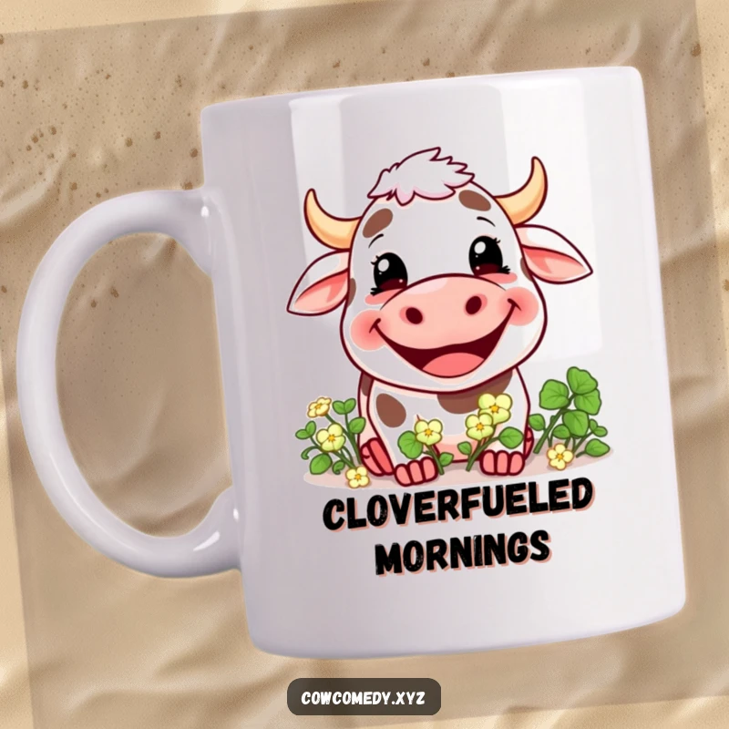 Funny mug showcasing a cheerful cow with a massive grin happily munching on a pile of green clover.