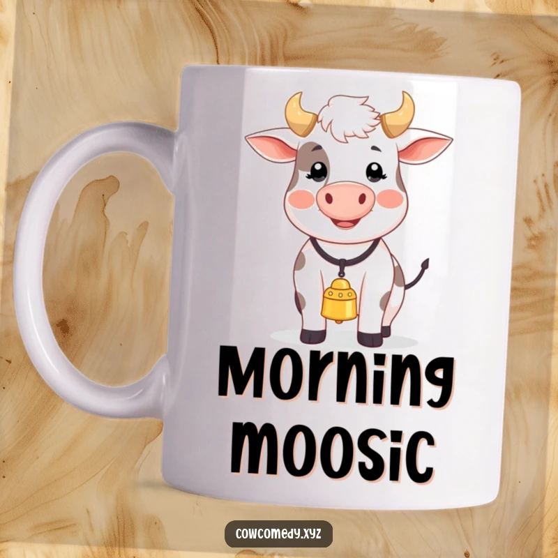 Funny mug showing a happy cow with a bell, joyfully mooing a song with musical notes floating around.