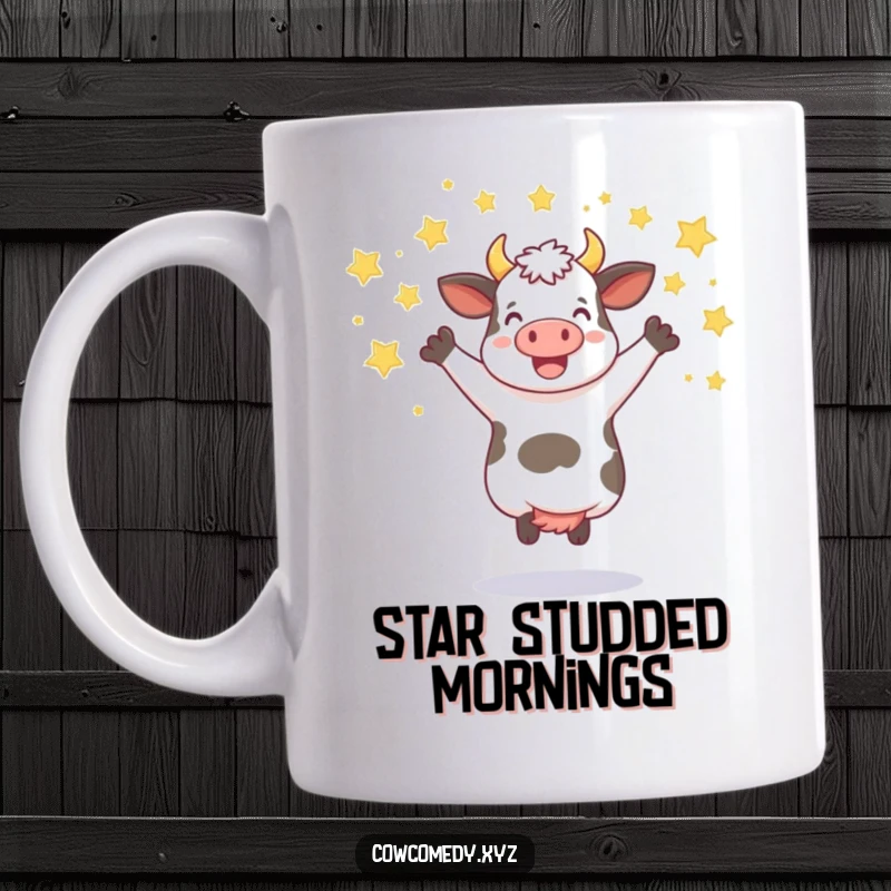 Funny mug showing a cow jumping joyfully with a shower of stars, symbolizing celebration and happiness.