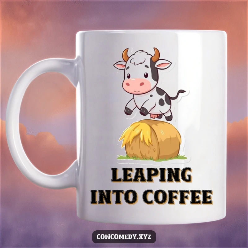 Funny mug featuring a cheerful cow in mid-air, jumping over a small hay bale with a playful expression.