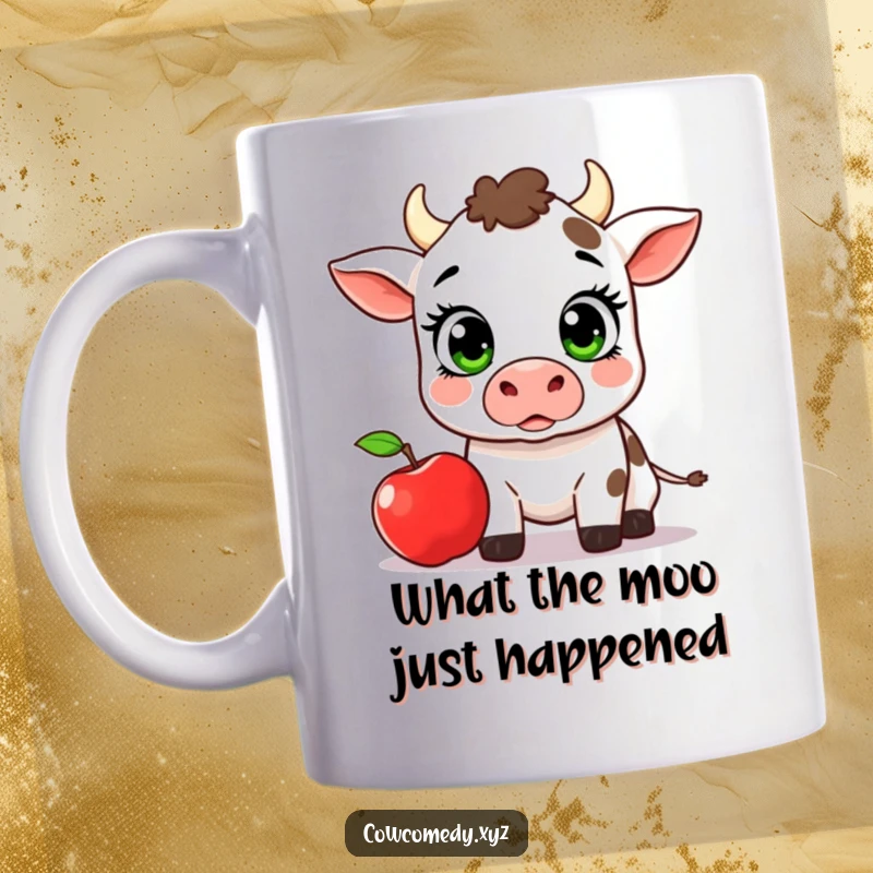 Funny Kawaii Cow Mug, a cow with wide eyes reacting to a falling apple, humorous surprise.