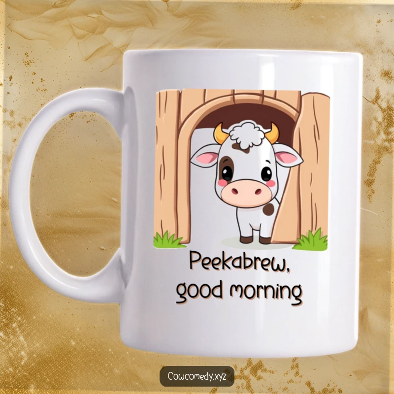 Funny Kawaii Cow Mug showing a cute cartoon cow peeking playfully from behind a rustic barn door, great for farm lovers.