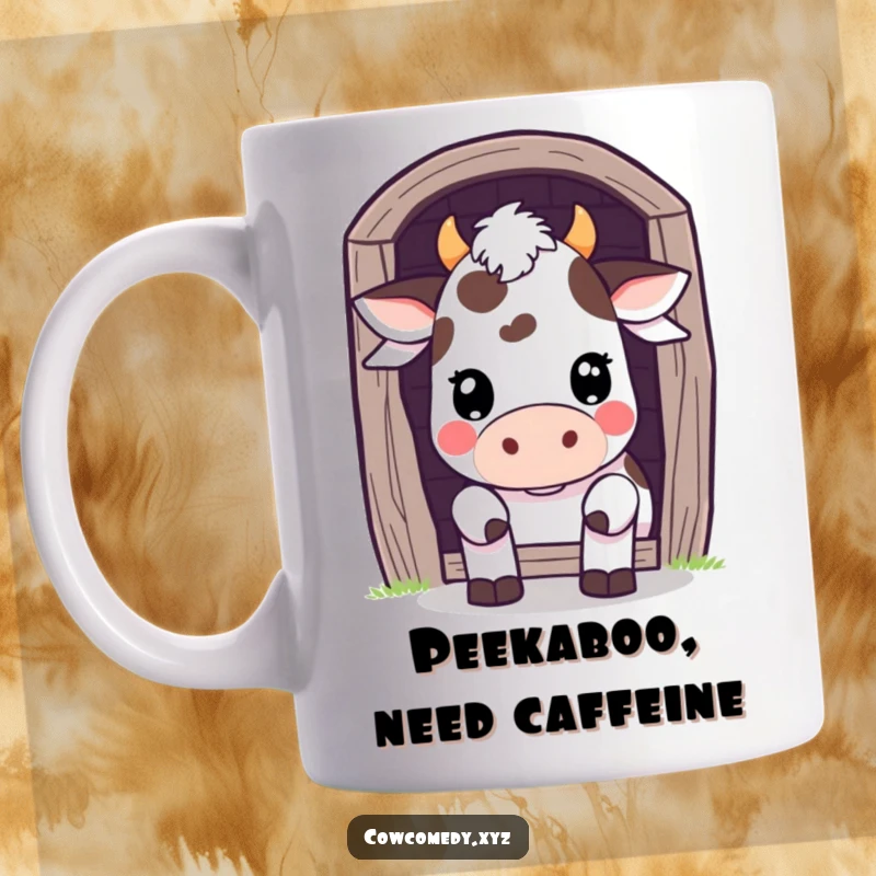 Funny Mug: A Kawaii cow peeks playfully from behind a barn door, embodying playful curiosity and hidden fun.