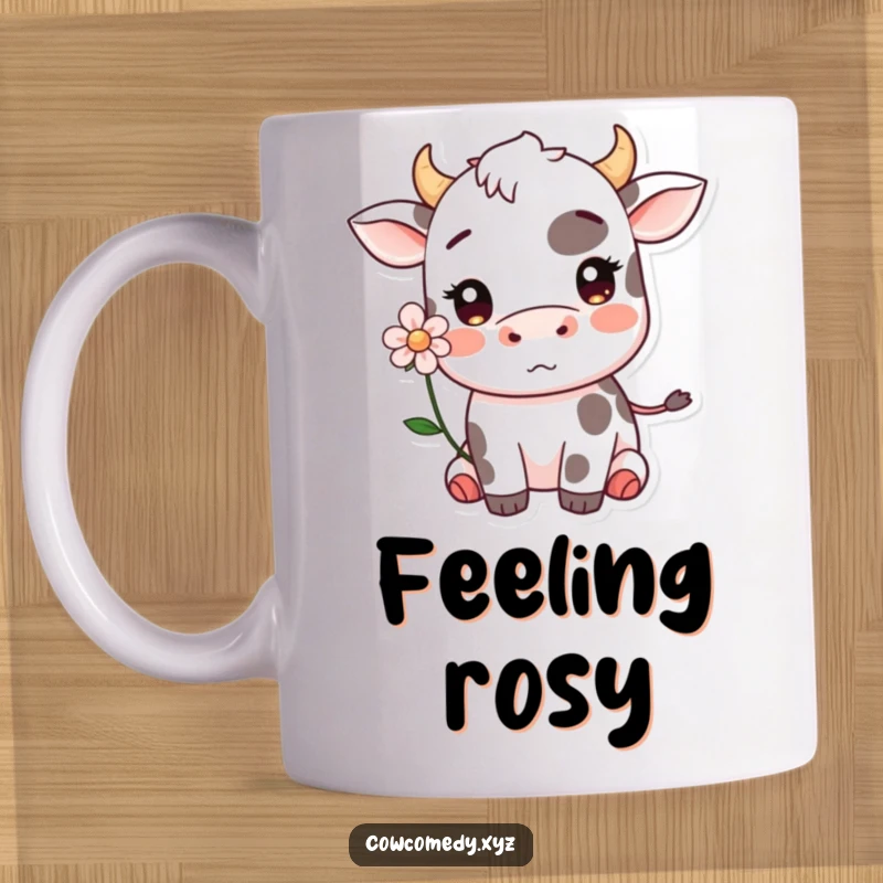 Funny Kawaii cow with a flower behind its ear blushing on a mug, radiating sweet shyness and humor.