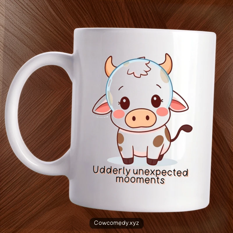 Funny Mug: A Kawaii cow looks utterly surprised as a bubble floats nearby, capturing a moment of cute astonishment.
