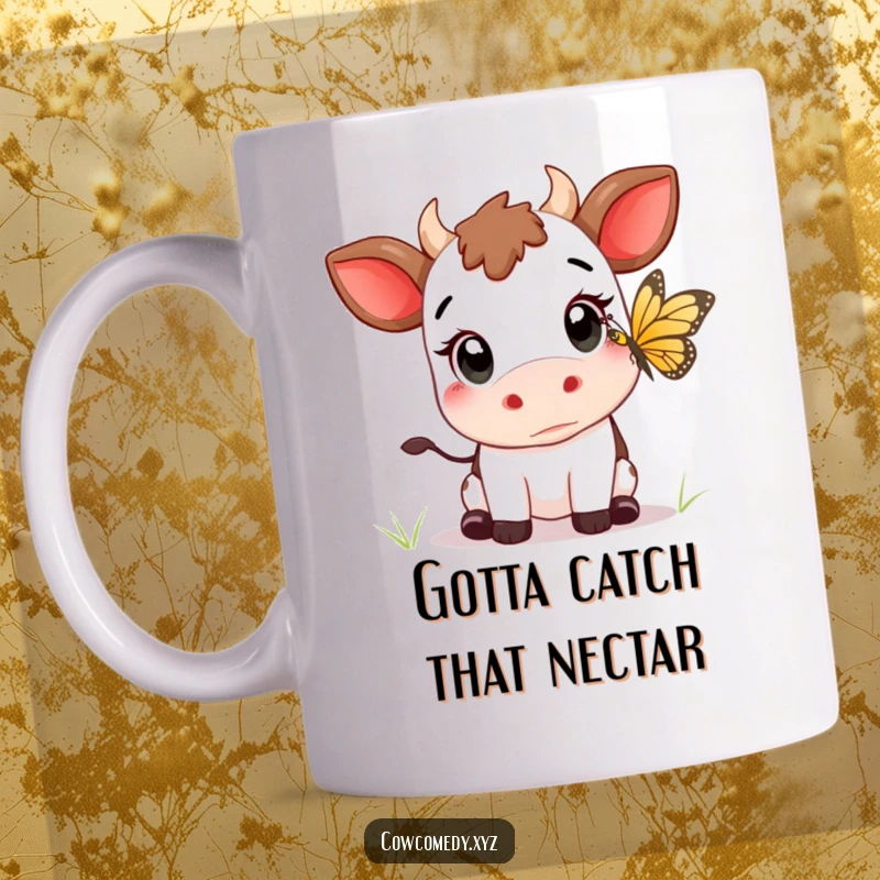 Funny Kawaii cow with wide eyes, intently trying to catch a butterfly, on a whimsical mug.