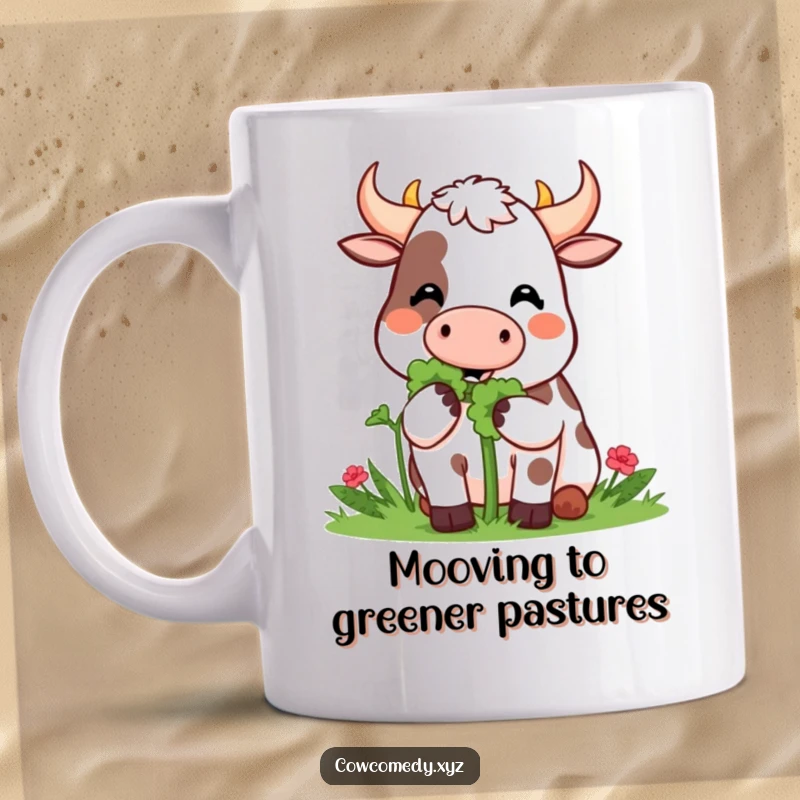 Funny Mug: A Kawaii cow happily munches on a giant clover, embodying pure joy and good fortune.