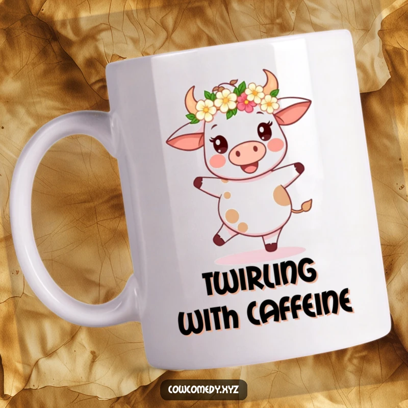 Funny Kawaii Cow Mug: Cute cow wearing a flower crown doing a joyful spin, radiating happiness and festive vibes.