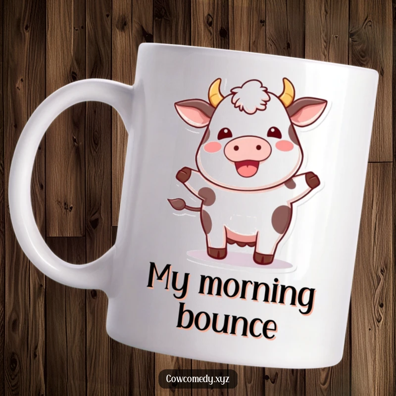 Funny Kawaii Cow Mug: Plump cow with a delighted expression doing a happy hop, radiating pure joy and humor.