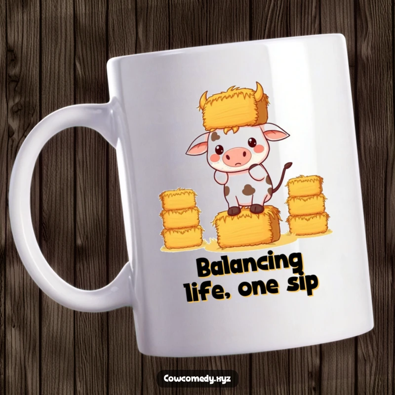 Funny Kawaii Cow Mug, a determined cow balancing hay bales, humorous struggle and effort.