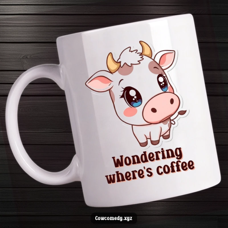 Funny Kawaii Cow Mug: Cute cow with big, sparkly eyes playfully tipping its head sideways in a curious gesture.