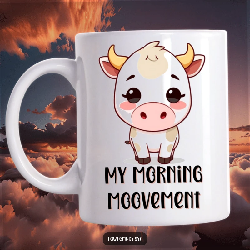 Funny Kawaii cow mug featuring a cute bovine character playfully headbutting with a happy expression, perfect for animal lovers.