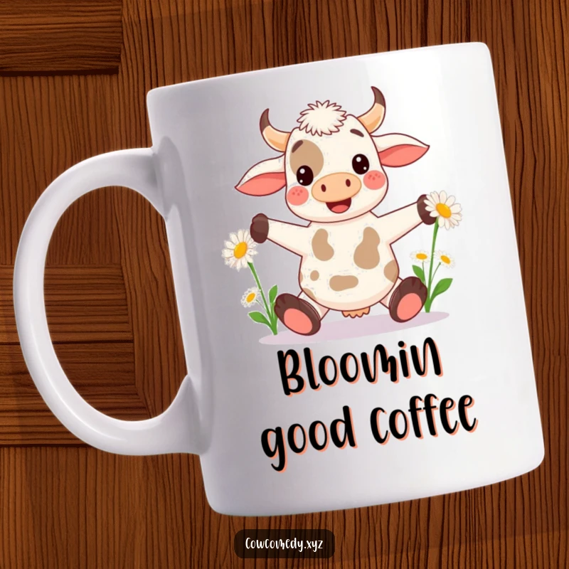 Funny Kawaii Cow Mug: Cheerful cow juggling large daisies with its hooves, displaying impressive and funny dexterity.