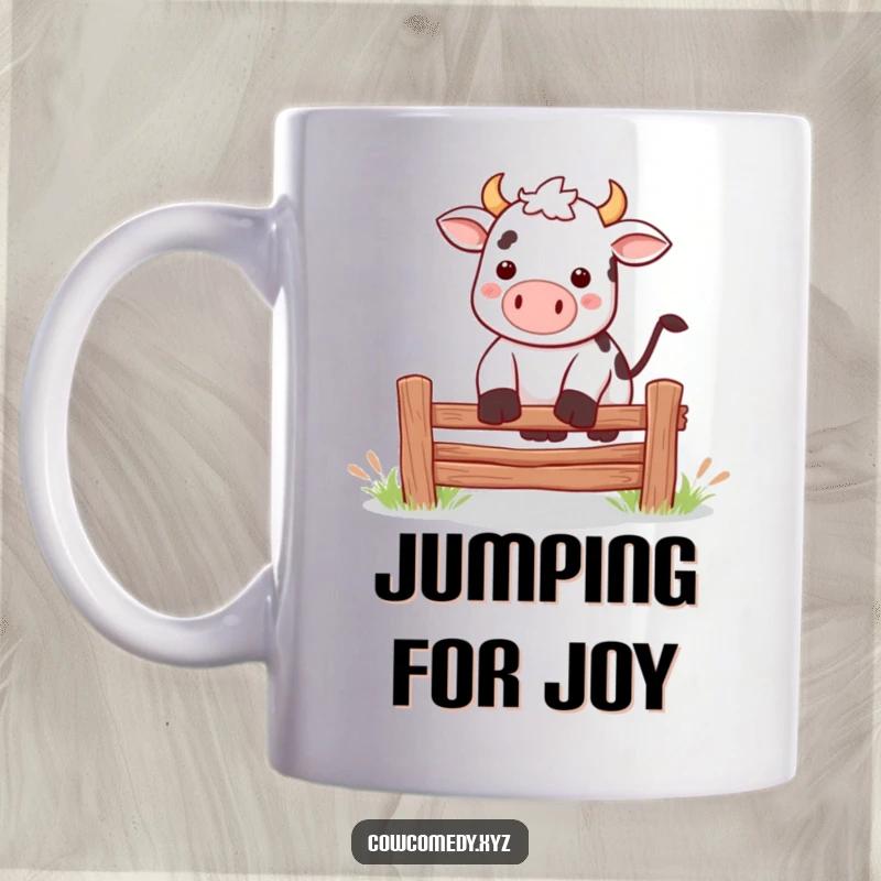Funny Kawaii cow doing a silly jump over a fence on a mug, radiating energetic humor and playfulness.
