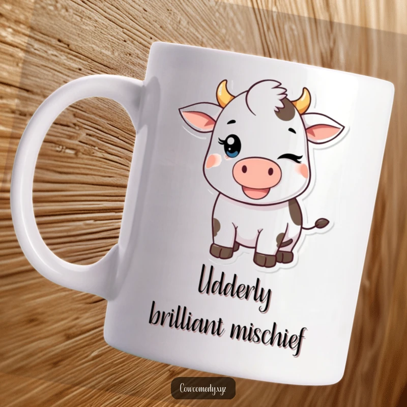 Funny Kawaii Cow Mug: A cute, winking cow with a mischievous grin, perfect for coffee or tea lovers seeking humor and charm.