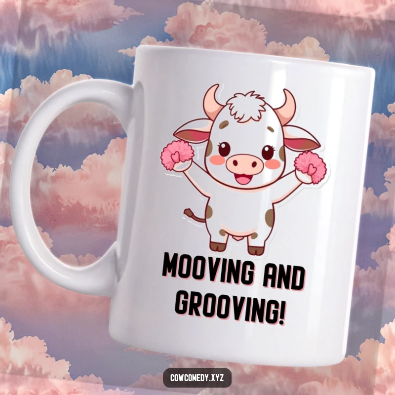 Funny Kawaii Cow Mug: A cute, cheering cow character with tiny pom-poms, bringing joy and energy to your morning coffee or tea.