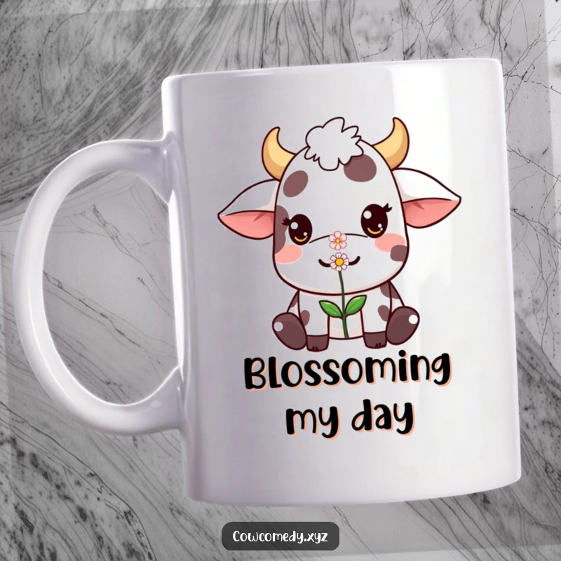 Funny Kawaii cow mug showing a cute character balancing a small flower on its nose, radiating sweetness and gentle humor.
