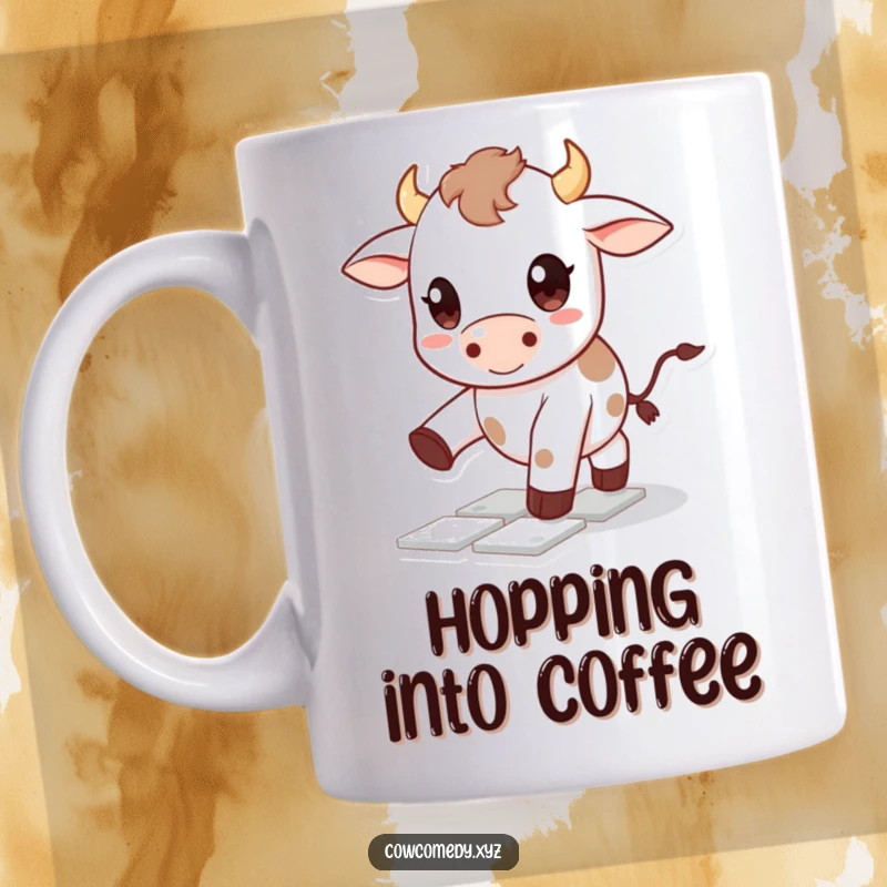 Funny Kawaii cow mug showing a cute character with big happy eyes playing hopscotch, radiating childlike fun and humor.