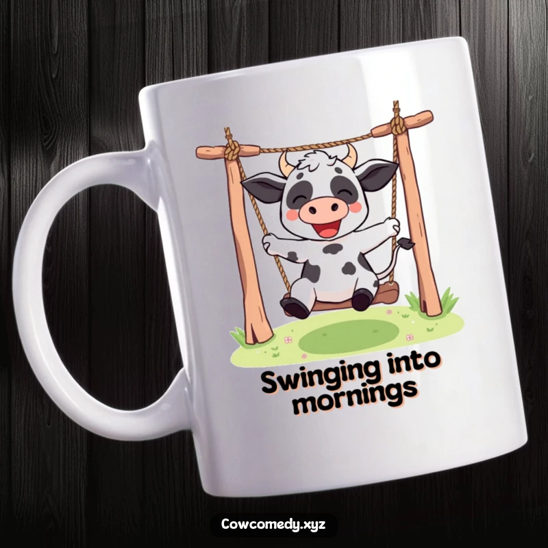 Funny Kawaii cow mug showing a cute character enthusiastically swinging from a rope swing, radiating fun and happiness.
