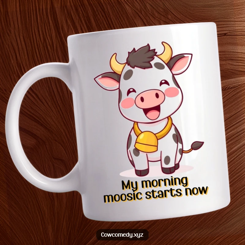 Funny Kawaii Cow Mug, a happy cow joyfully ringing its cowbell, perfect for a humorous gift.
