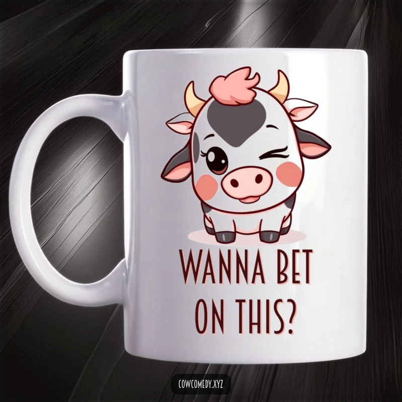 Funny Kawaii Cow Mug showing a cute cartoon cow winking with a mischievous grin, perfect for charming personalities.
