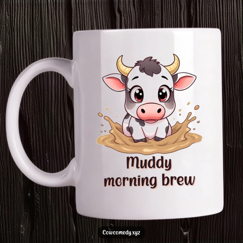 Funny mug showing a cow with exaggeratedly large eyes, joyfully splashing around in a muddy puddle.