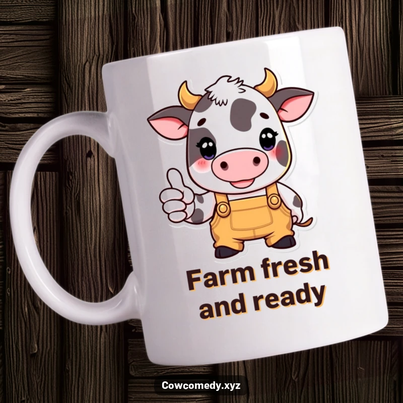 Funny mug featuring a cow wearing overalls, giving a confident thumbs up gesture, symbolizing approval and hard work.