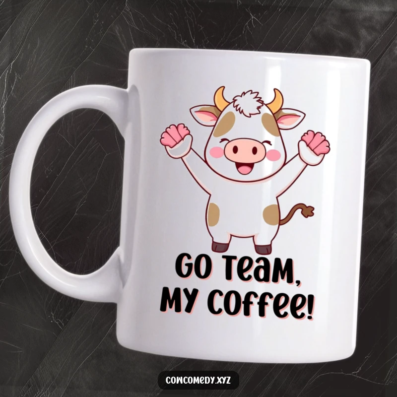 Funny Kawaii Cow Mug showing a cute cartoon cow cheering with tiny pom-poms, perfect for energetic supporters.