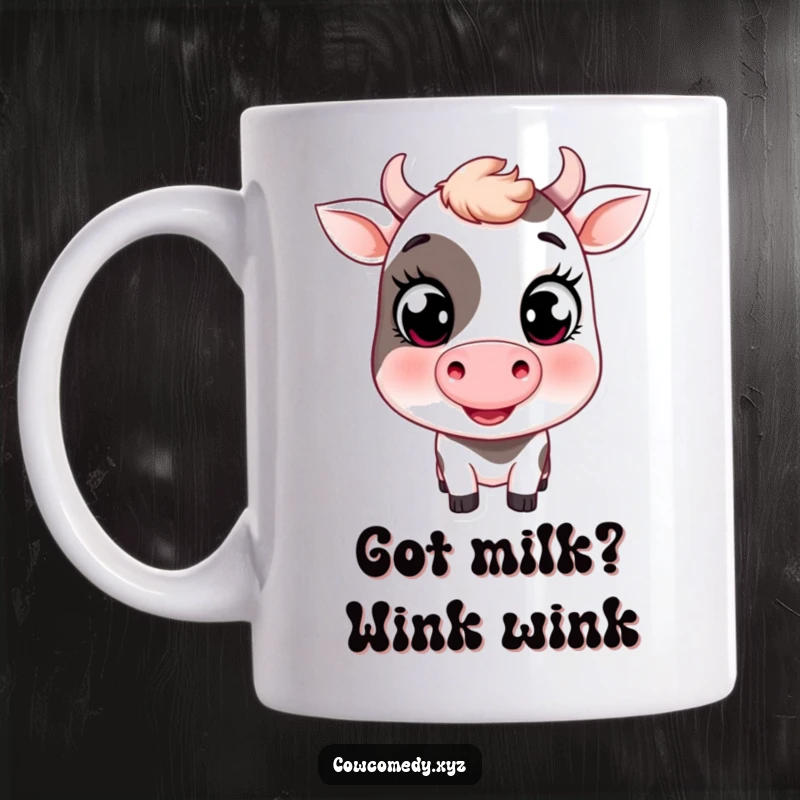 Funny mug with a cute smiling cow, big expressive eyes, and one eye playfully winking, exuding charm.