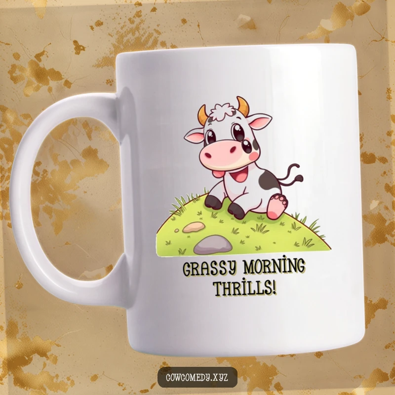 Funny Mug: A happy cow sliding down a grassy hill with wide, delighted eyes, symbolizing pure joy and carefree fun.
