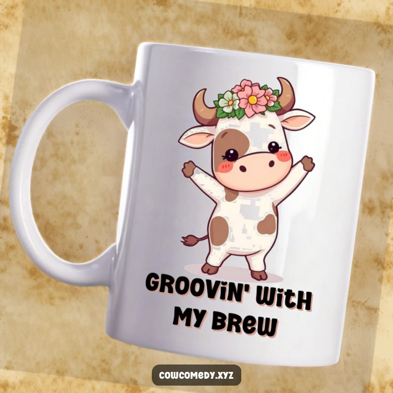 Funny cow in flower crown doing a silly dance on a mug, bringing joyful and whimsical farm vibes.