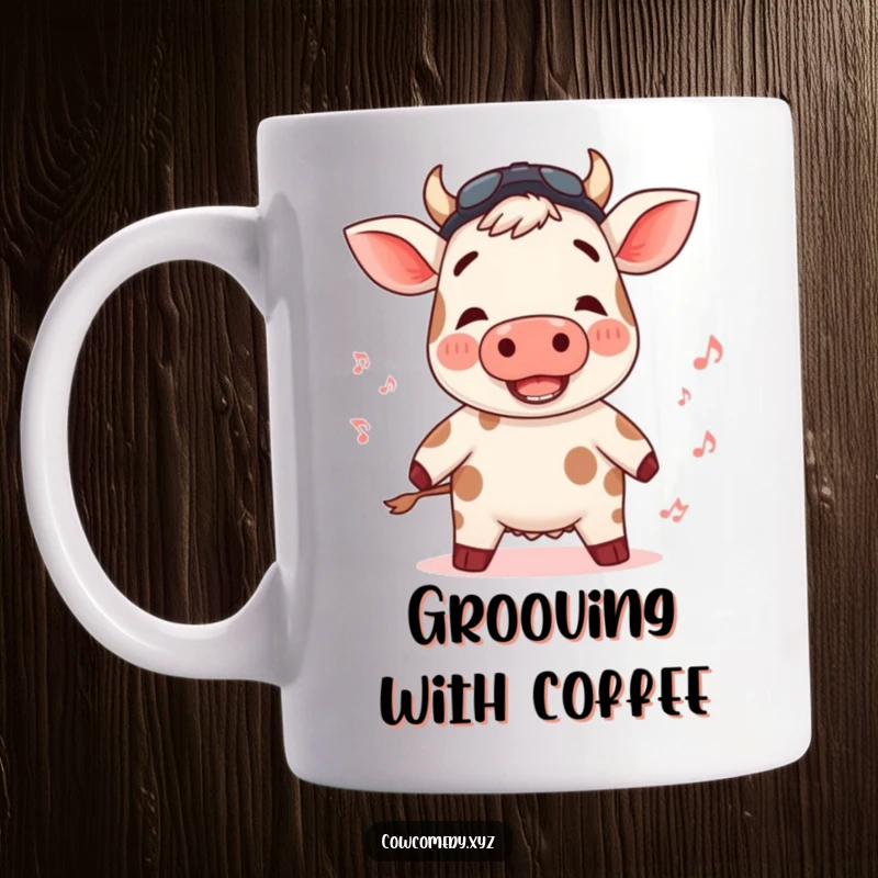 Funny mug showing a cow with rosy cheeks happily bopping to an unheard rhythm, full of musical joy.