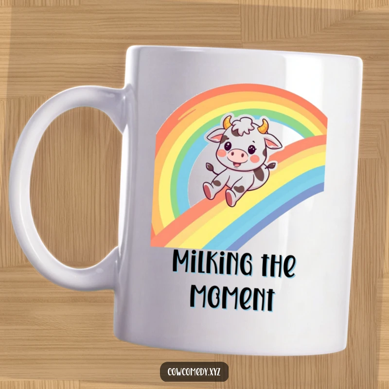 Funny cow mug, a little cow character happily sliding down a vibrant rainbow with a big smile, conveying pure joy.
