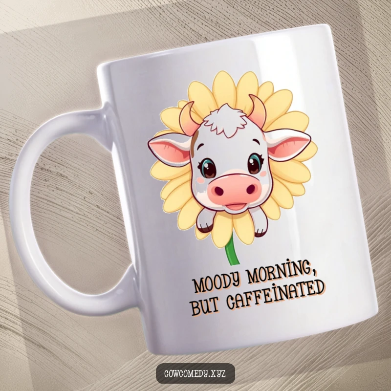 Funny kawaii cow mug with wide eyes peeking from behind a large daisy, illustrating curiosity and charm, a perfect gift.
