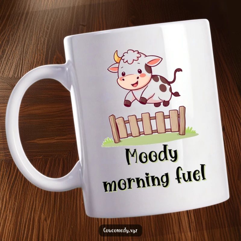 Funny mug showing a joyful cow mid-air, happily jumping over a small wooden fence.
