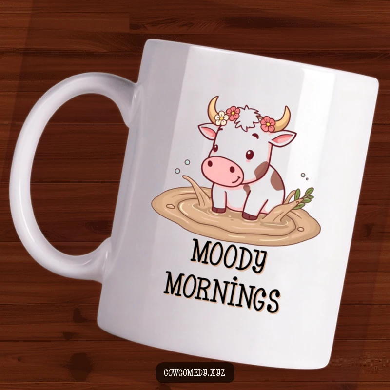 Funny mug featuring a happy cow playfully splashing in a mud puddle, with flowers adorning its horns.
