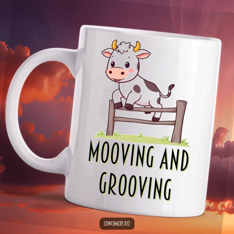 Funny Kawaii cow mug showing a cute character joyfully jumping over a tiny fence, radiating happiness and humor.
