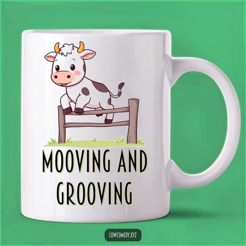 Funny Kawaii Cow Mug: Joyful Jump Over Fence - Cute & Humorous Gift Idea