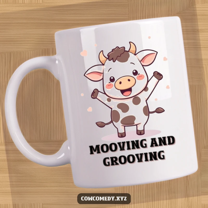 Funny Kawaii cow doing a happy dance, spots flying everywhere, on a cheerful mug, a delightful gift.