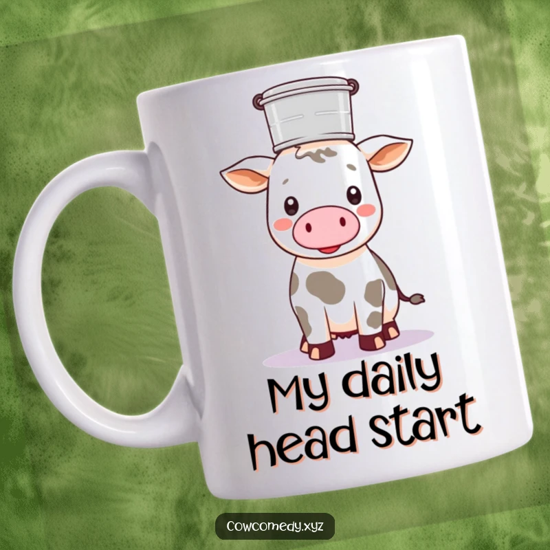Funny Kawaii cow balancing a milk pail perfectly on its head, on a cheerful mug, farm fun.