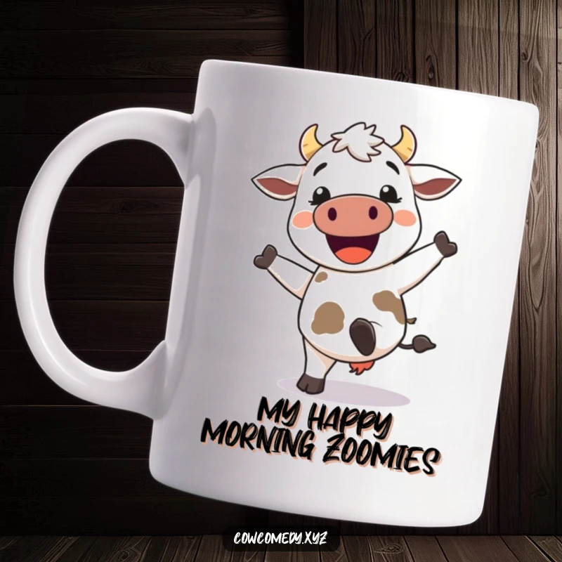 Funny Kawaii Cow Mug: Happy cow with a wide grin enthusiastically kicking its heels up in sheer joy, perfect for cow enthusiasts.