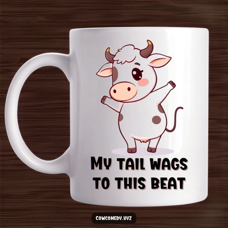 Funny cow dancing mug showcasing a kawaii cow character with a wagging tail in a joyful, silly dance pose, perfect for farm animal lovers.