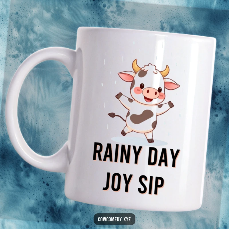 Funny mug depicts a jubilant cow dancing gleefully in the rain, wide smile on its face, embodying pure, uninhibited happiness and joy.