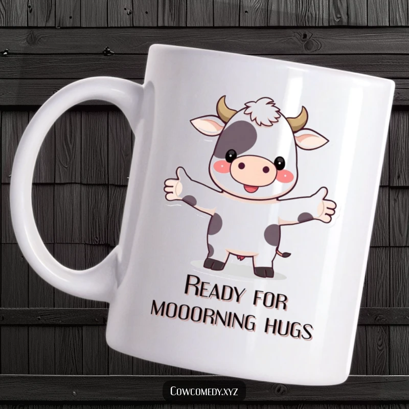 Funny mug featuring a cute cow character with arms wide open, eagerly anticipating a warm and friendly hug, spreading joy.