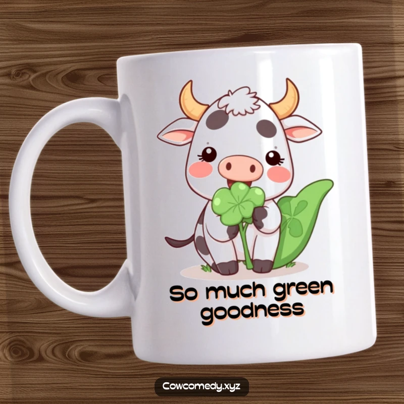 Funny Kawaii Cow Mug showing a happy cartoon cow with a big smile, munching on a giant clover, symbolizing good luck.