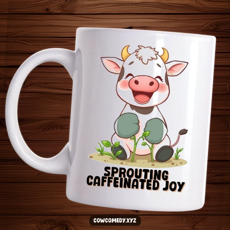Funny mug showcasing a giggling cow in oversized gardening gloves, lovingly tending to a small sprout, celebrating gardening humor.