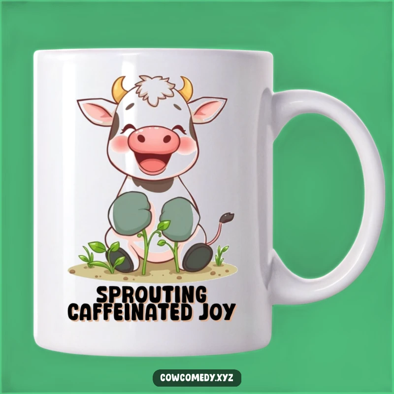 Funny Gardening Cow Mug: Giggling Bovine with Gloves Tending Sprout, Perfect Plant Lover Gift