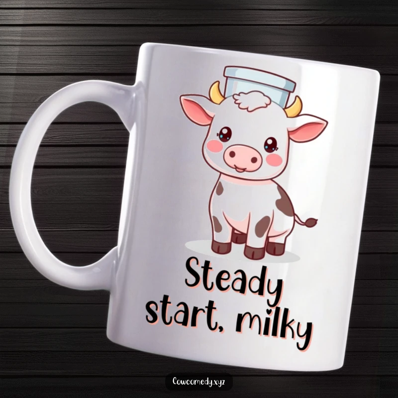 Funny mug depicting a cute Kawaii cow gracefully balancing a full milk pail perfectly on its head.