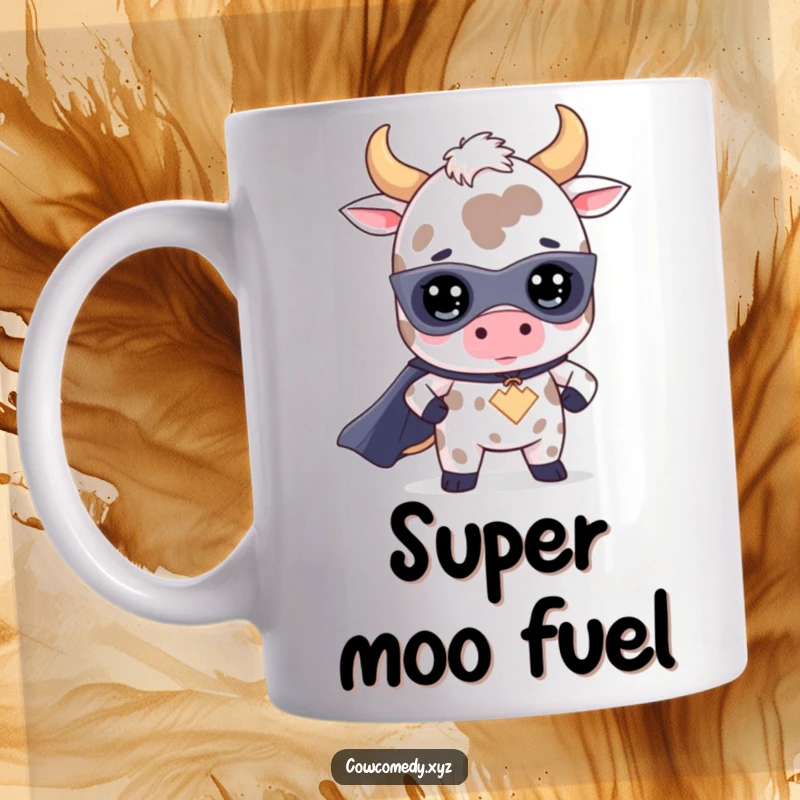 Funny kawaii cow mug featuring a cute bovine character dressed as a superhero, striking a heroic pose with a determined smile.