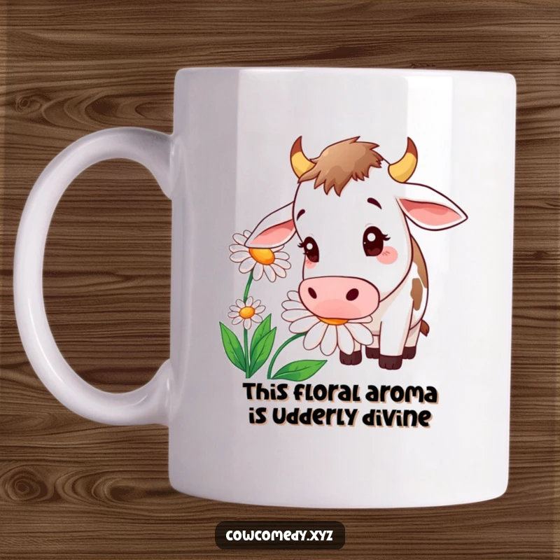 Funny cow mug with a curious expression sniffing a massive, vibrant daisy, showcasing farm animal humor and charm.